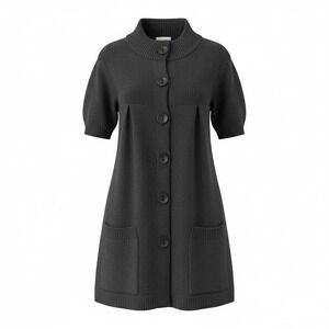 Vince Women Charcoal Knit Cardigan Tunic Sweater Wool Short Sleeve Pockets